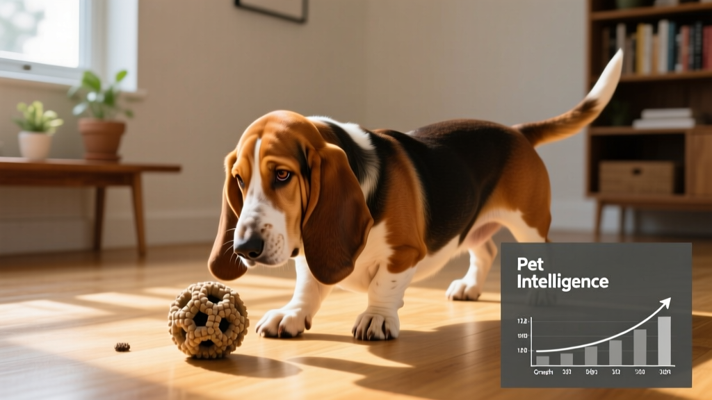 A Basset Hound happily working a scent puzzle toy indoors, demonstrating focus and engagement