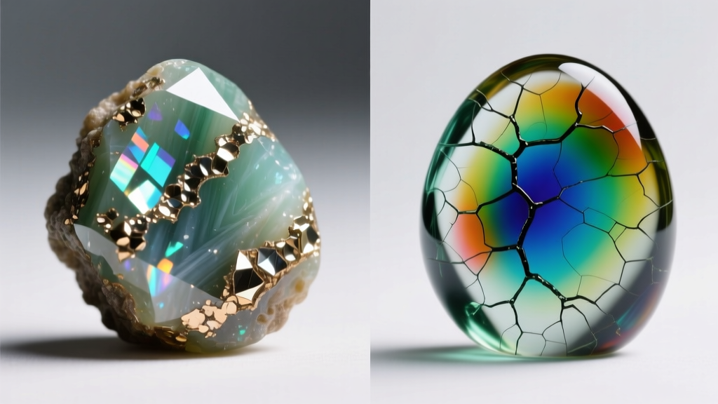 Side-by-side macro comparison of real aventurine showing metallic flakes versus dyed glass with pooled color in surface cracks.