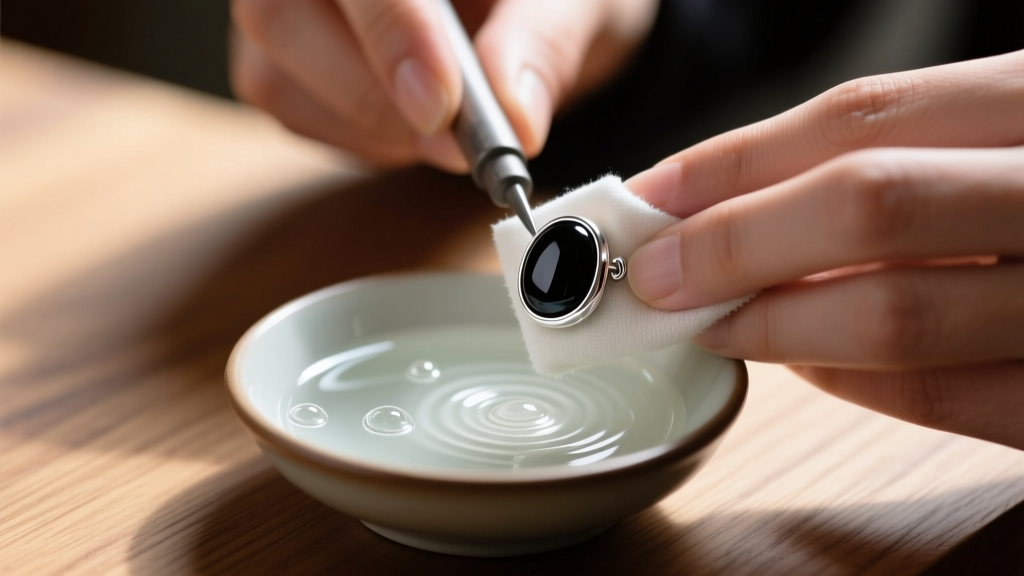 Hands polishing sterling silver black onyx stud earring with microfiber cloth, beside soapy water bowl on wood table, macro shot.