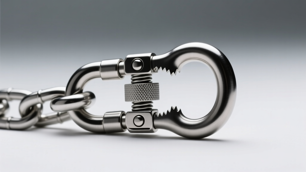 Side profile of a heavy-duty stainless steel lobster clasp attached to a 2.5mm curb chain, highlighting the secure lock mechanism
