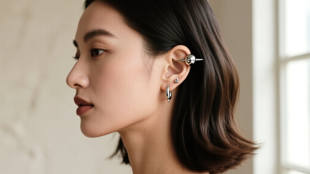 Side profile of woman with curated ear stack featuring a 10mm silver helix spike ball cuff and matching lobe dangle earrings