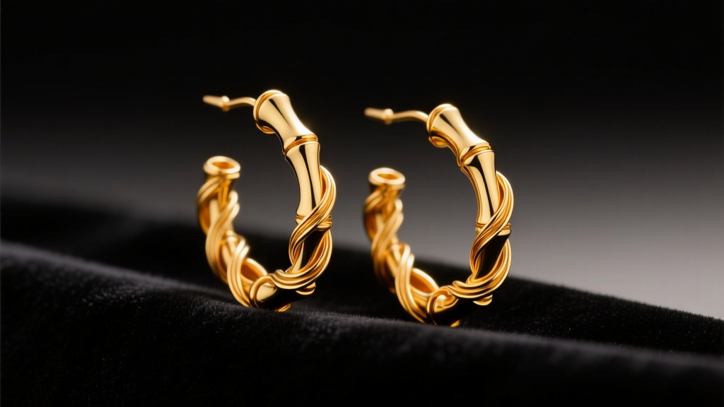Macro shot of 14k yellow gold bamboo earrings with twisted wire details resting on dark velvet under warm directional studio light.