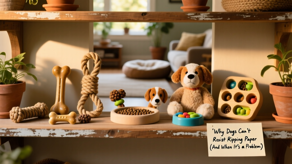 A close-up of various safe chew toys and puzzle feeders arranged neatly on a wooden shelf
