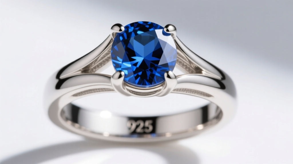 Close-up of a demi-fine ring setting securing a lab-grown sapphire with thick sterling silver prongs and a stamped 925 hallmark.