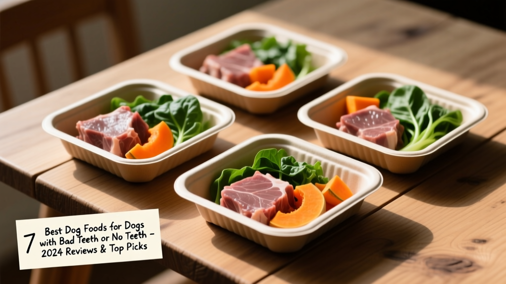 Fresh, refrigerated dog food portions in compostable packaging, showing visible lamb, squash, and greens