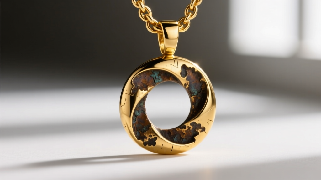 Macro shot of 14k gold chiseled chain link next to raw brass chiseled pendant showing dark oxidation patina in deep metal crevices