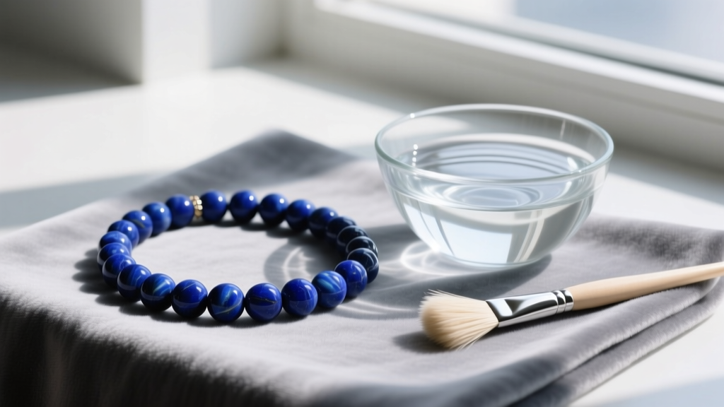 Close-up of a lapis lazuli blue beads necklace on a gray microfiber cloth beside a glass bowl of distilled water and a soft brush.