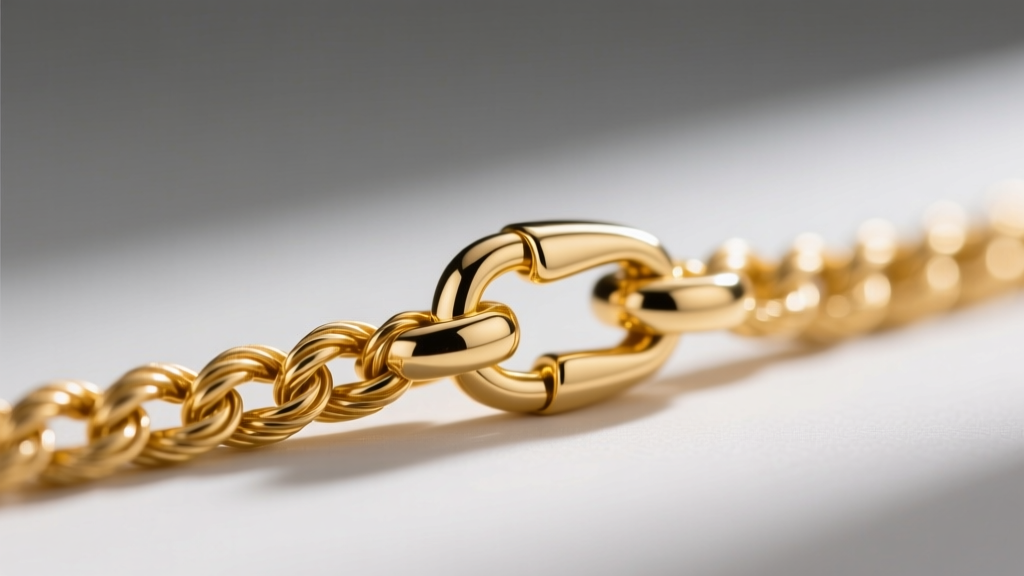 Close-up macro shot of a 1.2mm 18k yellow gold rope chain with a secure lobster clasp showing detailed metal texture and polish
