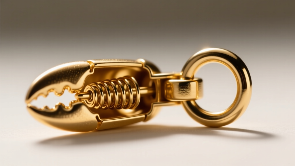 Macro of 14k gold lobster clasp partially open, showing internal spring tension coil and soldered jump ring attachment point.