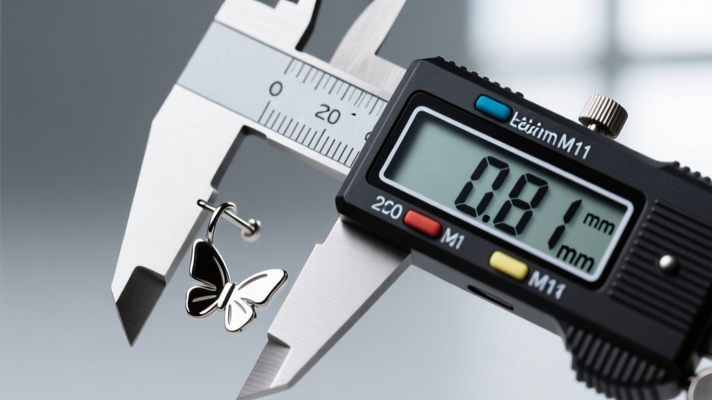 Close-up macro shot of a digital caliper measuring the 0.81mm post thickness of a 20-gauge surgical steel butterfly-back earring.
