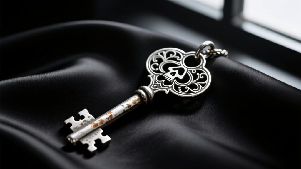 Oxidized silver skeleton key pendant on black silk, dramatic lighting highlighting intricate metal engravings and deep grooves.
