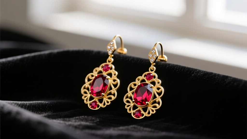 Macro shot of gold-tone Dolce Gabbana drop earrings with ruby-red resin gems and intricate filigree resting on dark velvet fabric.