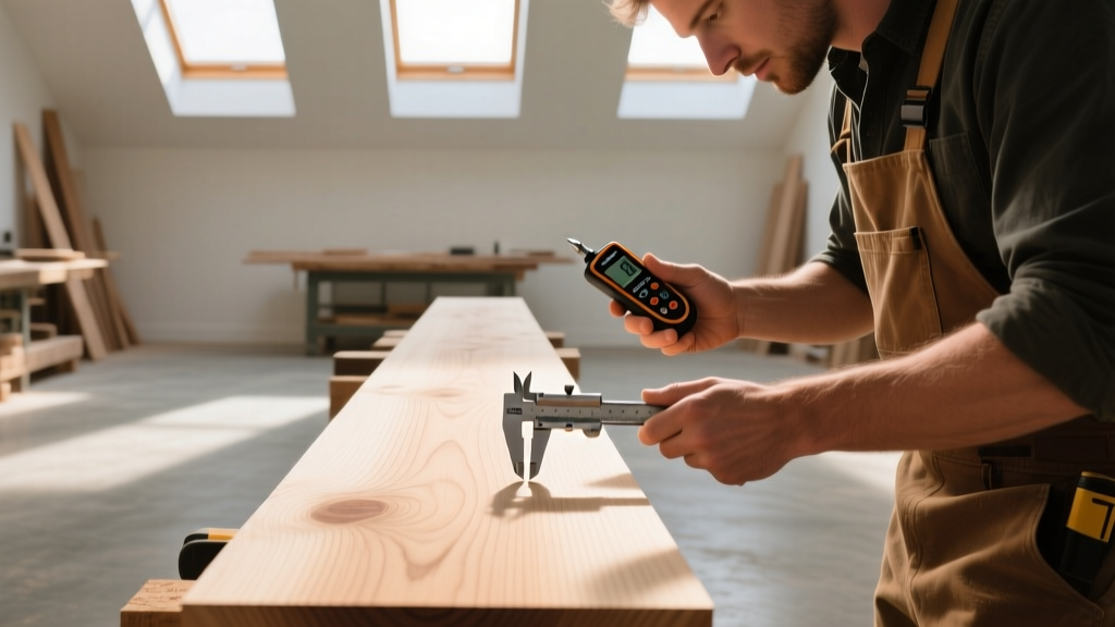 Carpenter using a digital pinless moisture meter and steel calipers on cured white oak lumber in a bright workshop