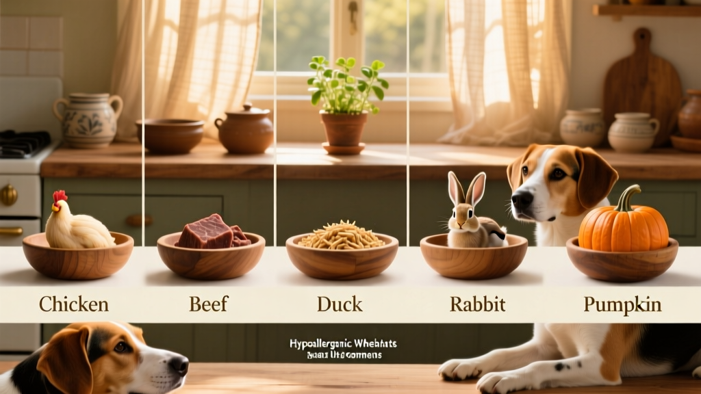Side-by-side comparison of common dog food allergens (chicken, beef, wheat) and hypoallergenic alternatives (duck, rabbit, pumpkin)