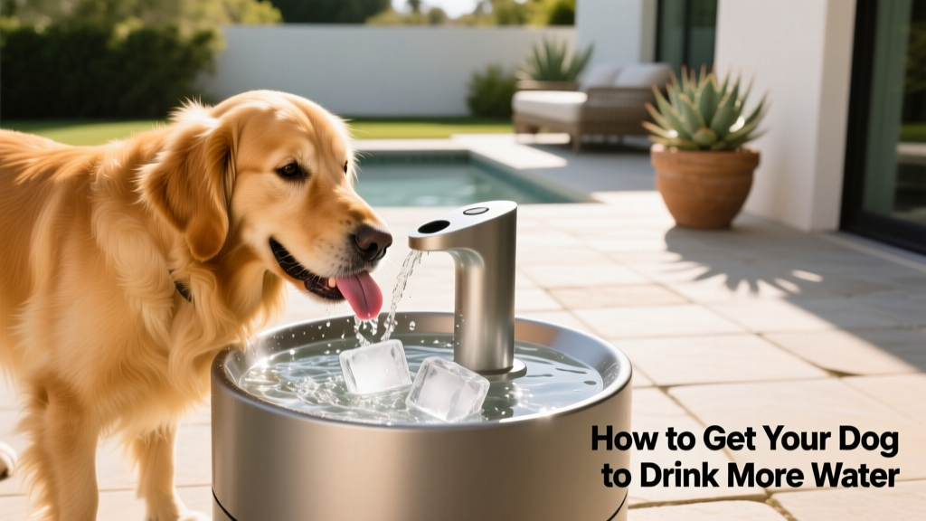 A golden retriever happily licking water from a modern pet fountain on a sunlit patio, with ice cubes visible in the basin
