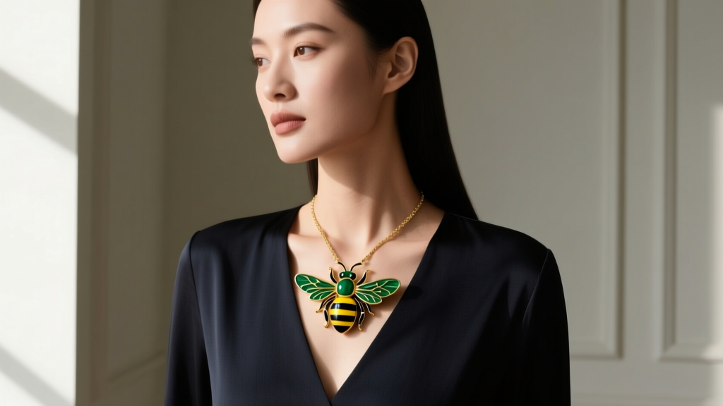 Woman wearing a dark V-neck blouse with a 14k gold and enamel bumblebee pendant necklace resting perfectly at the collarbone