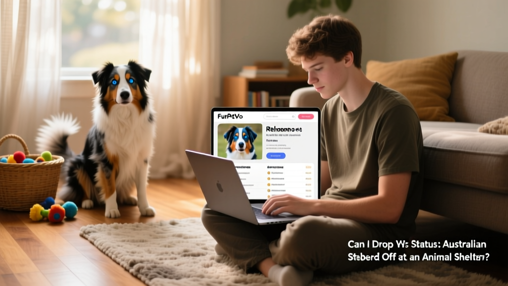 Laptop screen showing FurPetVo Rehome dashboard with Australian Shepherd profile and application list