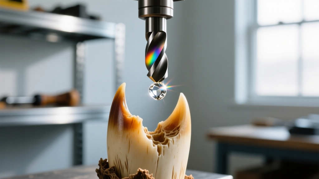 Macro shot of diamond micro drill bit piercing an elk tooth with a water drop for cooling against a bright workshop background.