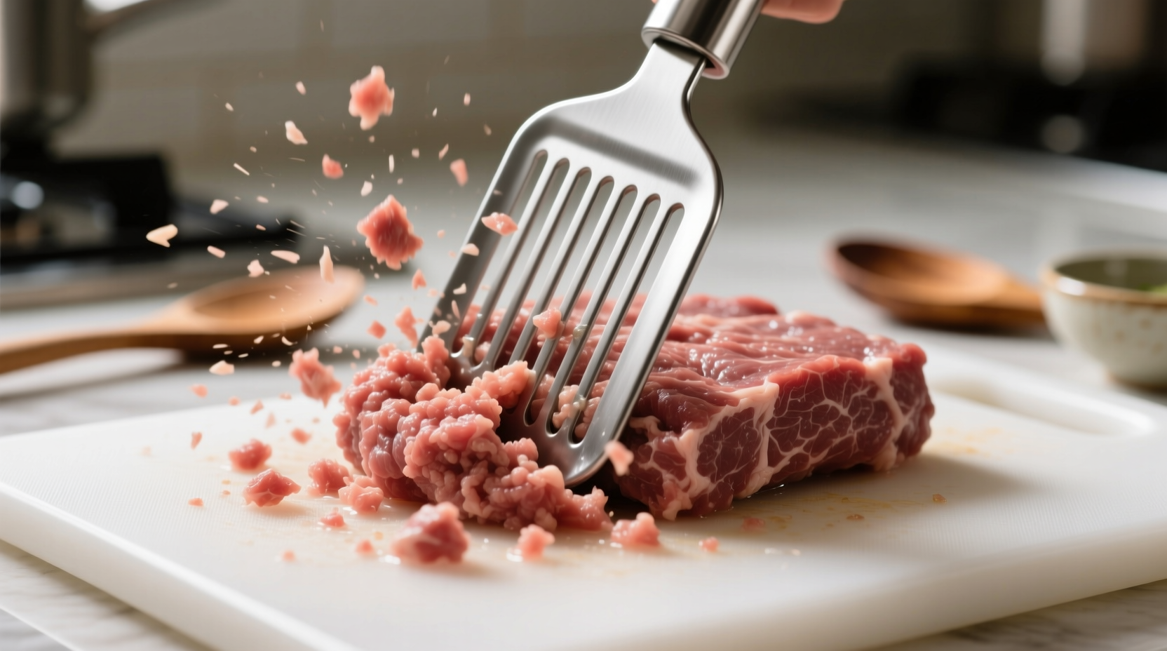 use a potato masher to break up lean meat