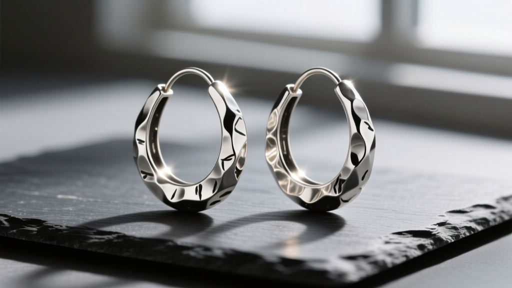 A pair of thick Silpada hammered sterling silver hoop earrings resting on a dark slate surface with dramatic directional lighting