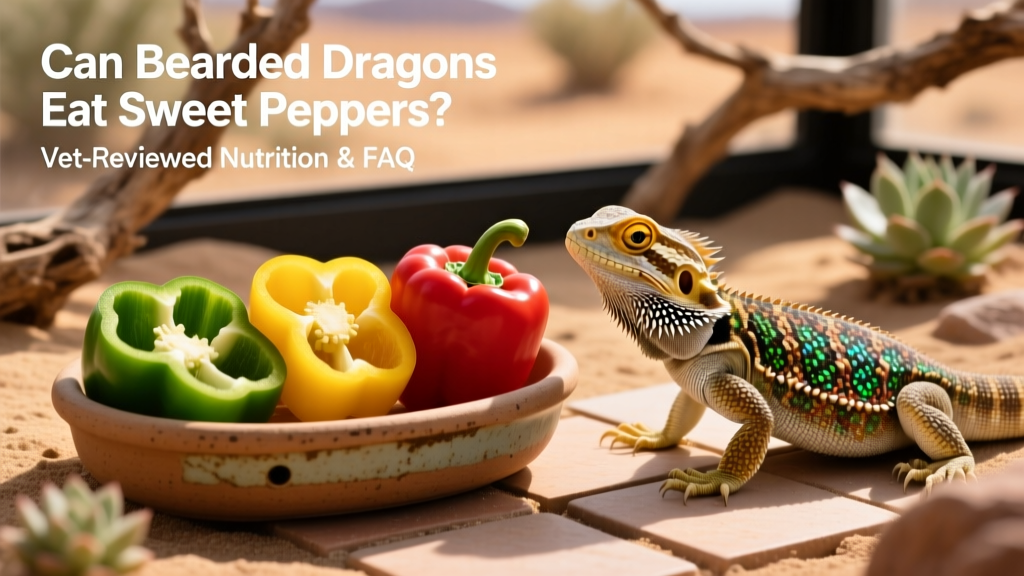 Side-by-side comparison of green, yellow, and red bell pepper slices next to a bearded dragon's feeding dish