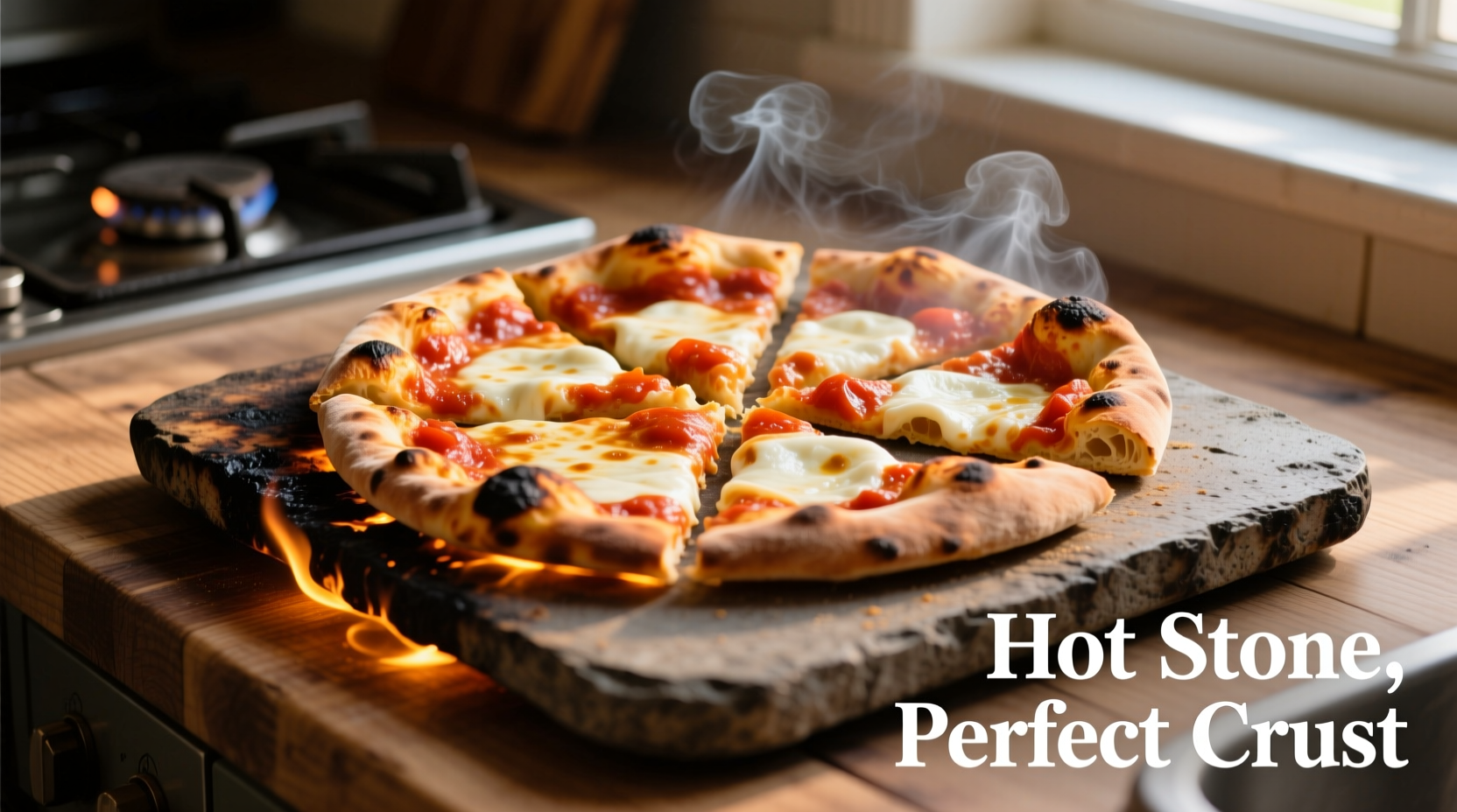 Properly preheated cooking stone with golden pizza