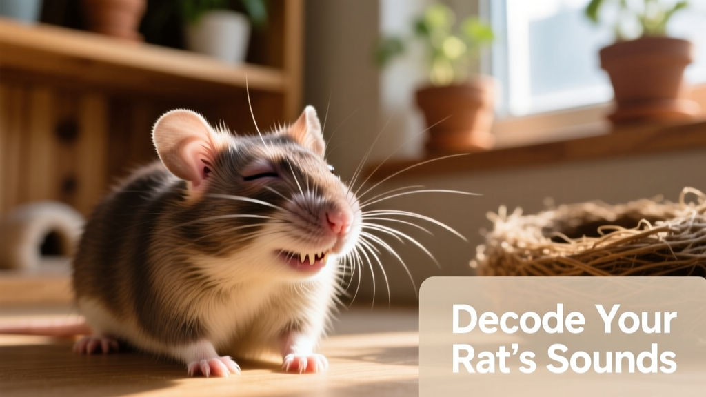 Close-up photo of a relaxed pet rat with eyes half-closed, gently bruxing