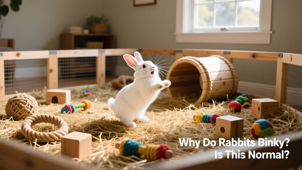 Rabbit playpen setup with hay, tunnel, and chew toys—showing space for movement and enrichment
