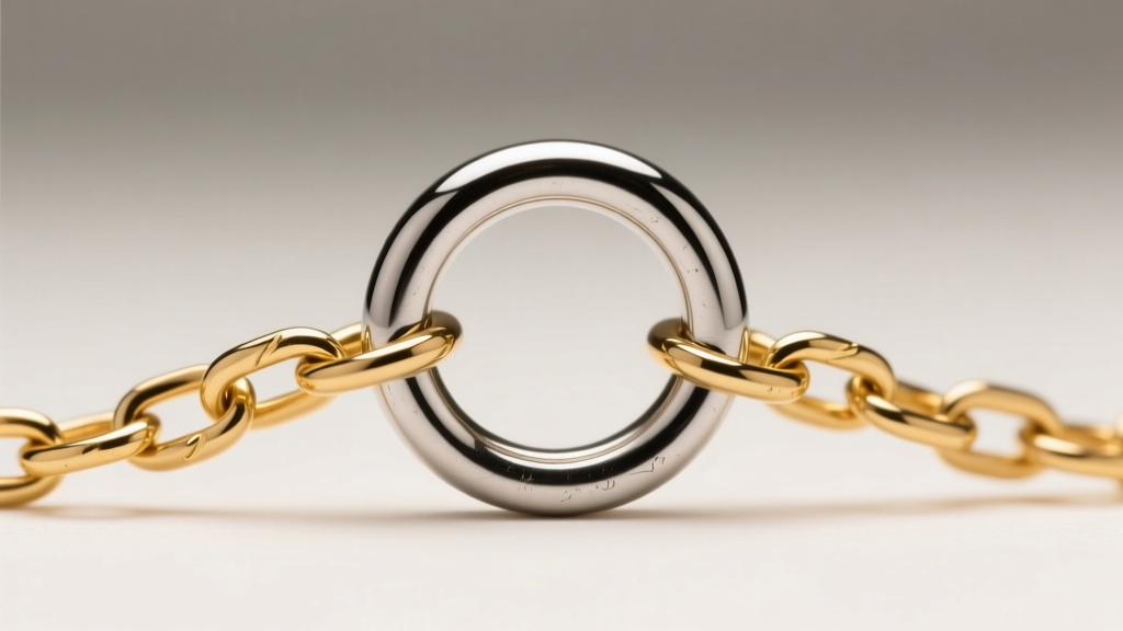 Macro photography of a 16-gauge 316L stainless steel jump ring connecting a delicate gold chain, under bright studio lighting.