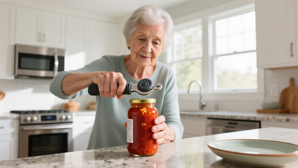 Senior woman with mild arthritis using a rubber grip jar opener tool to twist open a tight glass pasta sauce jar in a bright kitchen