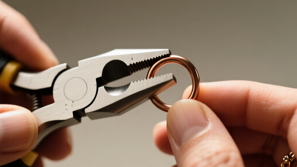 Close-up of hands using flat nose pliers to twist an 18-gauge titanium jump ring, highlighting the smooth, untextured steel jaws