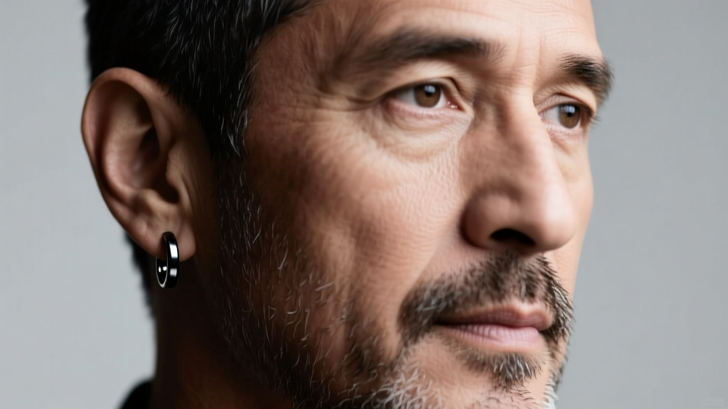 Close-up of a man with a short beard wearing a minimalist 18-gauge black titanium drop earring, studio lighting, sharp focus