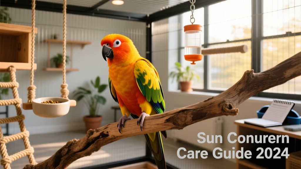 A vibrant adult sun conure perched on a natural wood branch inside a spacious, well-equipped cage