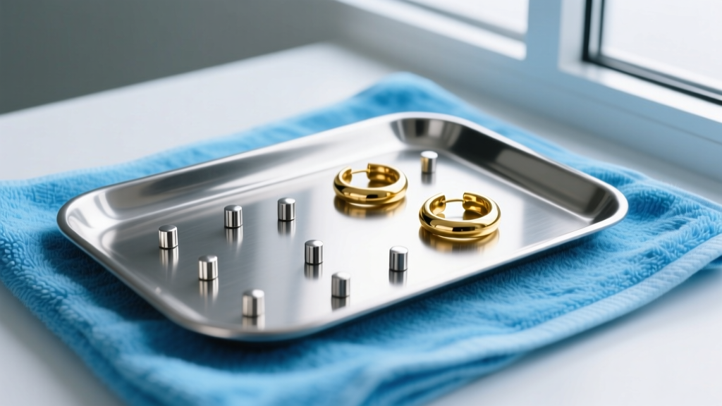 Top-down view of a steel tray holding titanium studs and gold hoops resting on a clean blue medical towel in a studio
