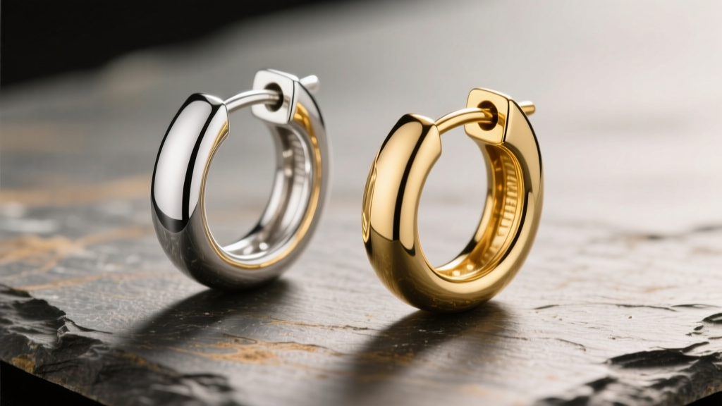 Macro shot of two-tone silver and 14k gold hoop earrings on slate, showing contrasting metal finishes and a seamless hidden clasp.