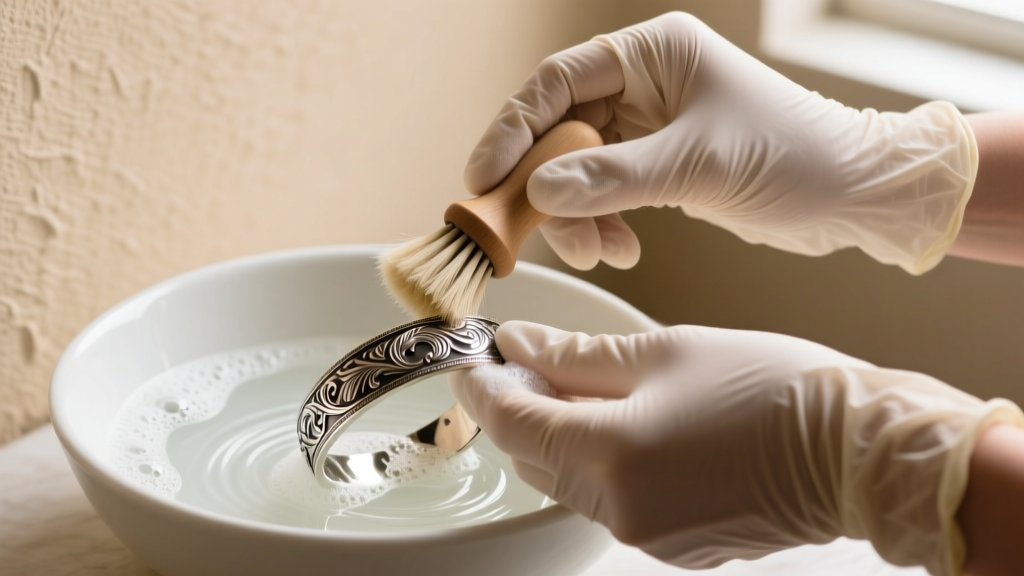 Hands in nitrile gloves gently scrubbing a pewter bracelet with a soft horsehair brush and mild soapy water in a ceramic bowl
