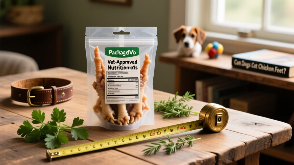 Packaged FurPetVo chicken feet with clear labeling, placed beside a measuring tape and fresh herbs for scale