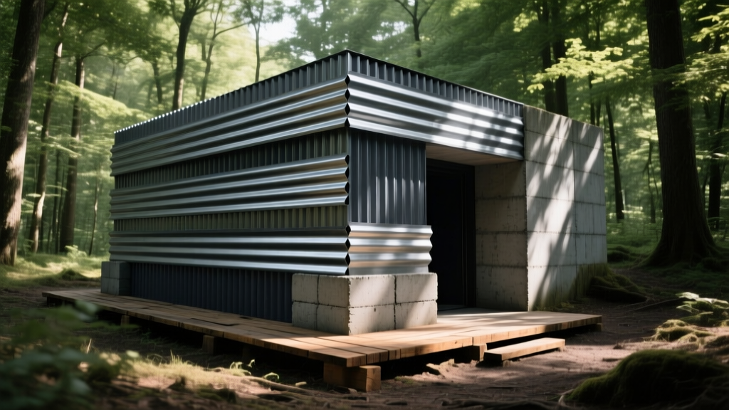 Survival bunker site with stacked corrugated steel sheets, reinforced concrete blocks, and wooden planks in a forest clearing