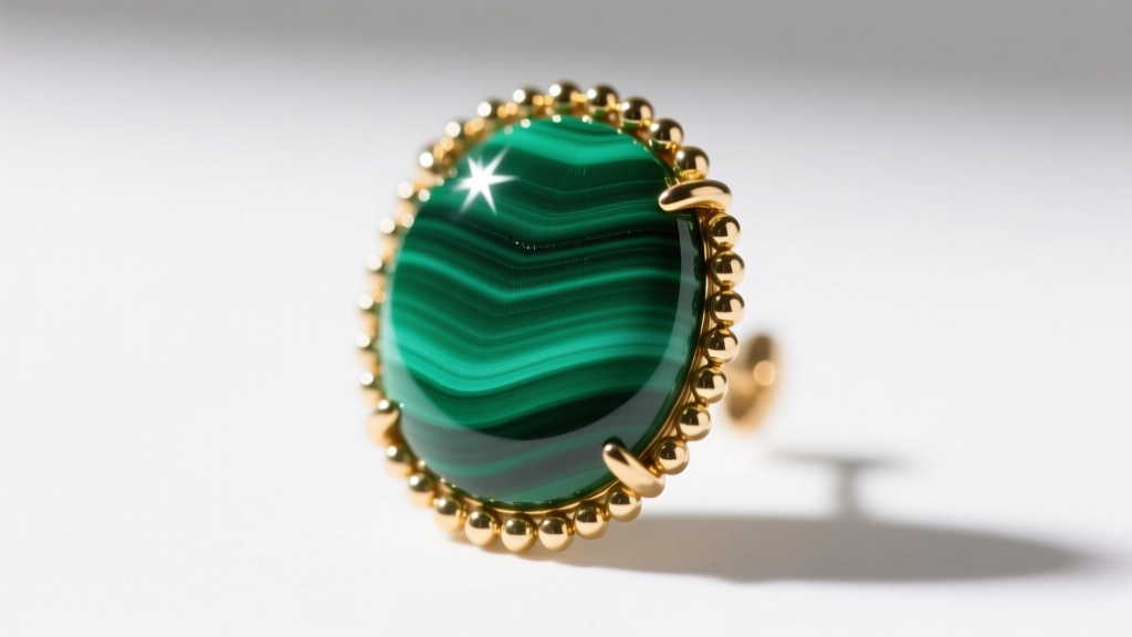 Macro shot of a malachite earring showing the delicate gold beaded bezel and vibrant green banded stone surface texture