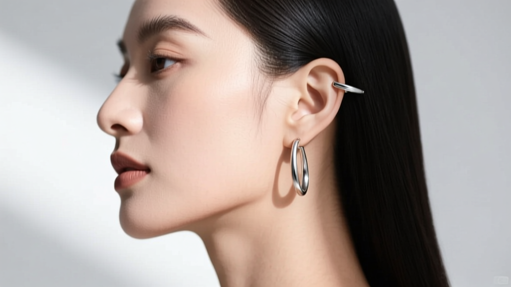 Side profile of a woman wearing lightweight titanium small dangler earrings, showing delicate movement and a secure friction back.