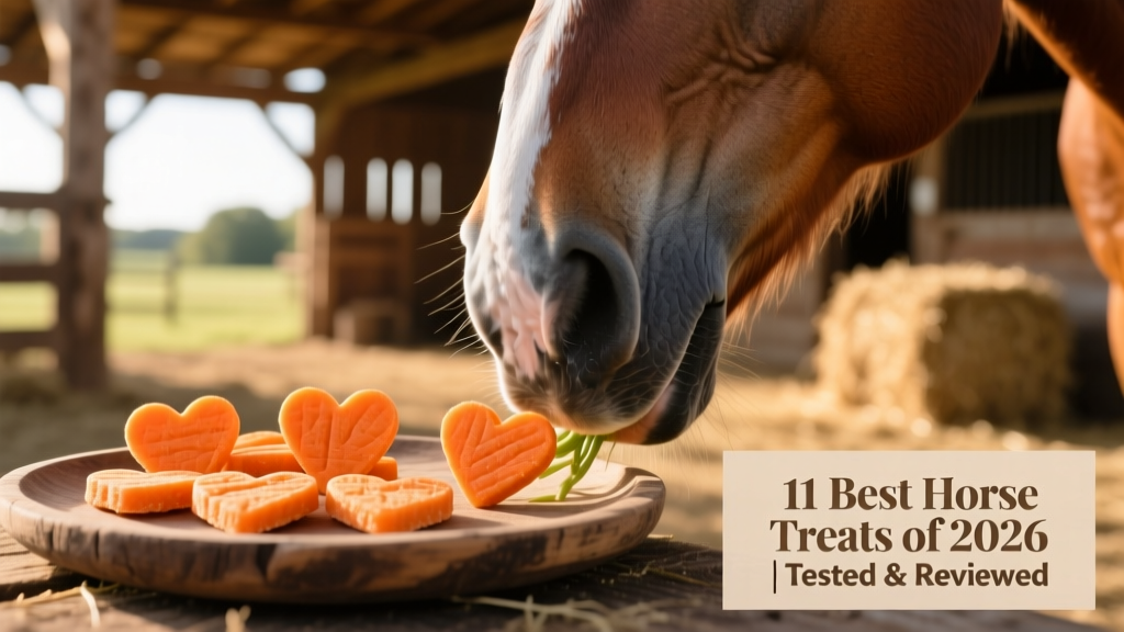 Close-up of heart-shaped carrot treats arranged on a wooden tray beside a horse’s muzzle
