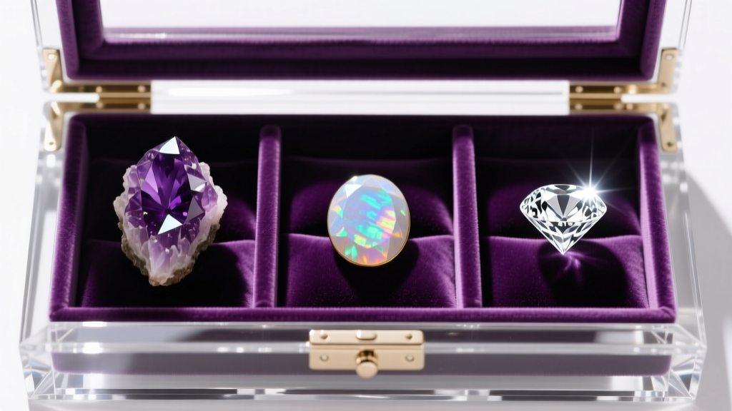 Top-down view of crystal jewelry box interior showing separated velvet slots holding raw amethyst, polished opal, and diamond