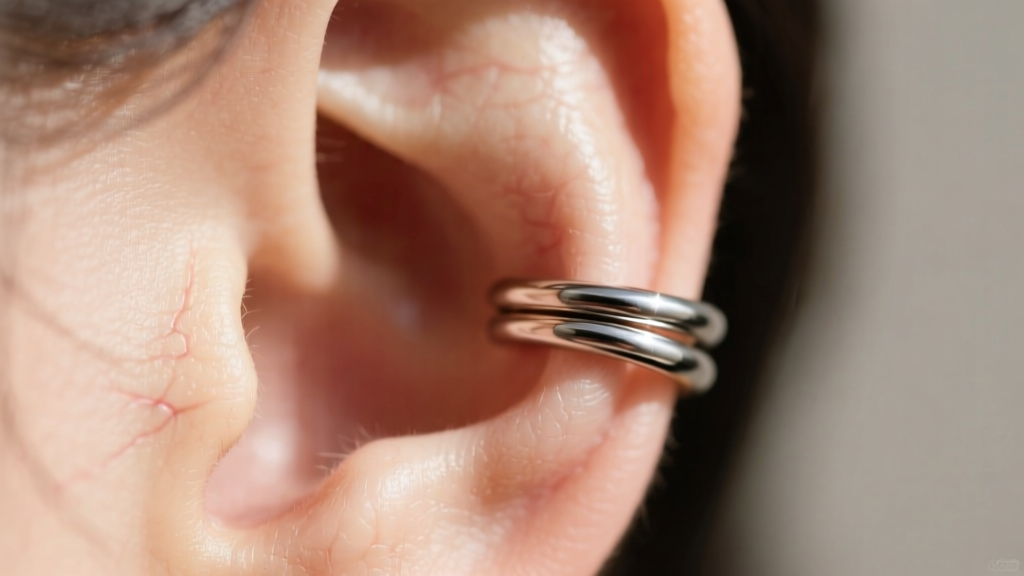 Close-up of a titanium cartilage hoop connected to a helix cuff, showing secure tension and a comfortable fit on the ear rim.