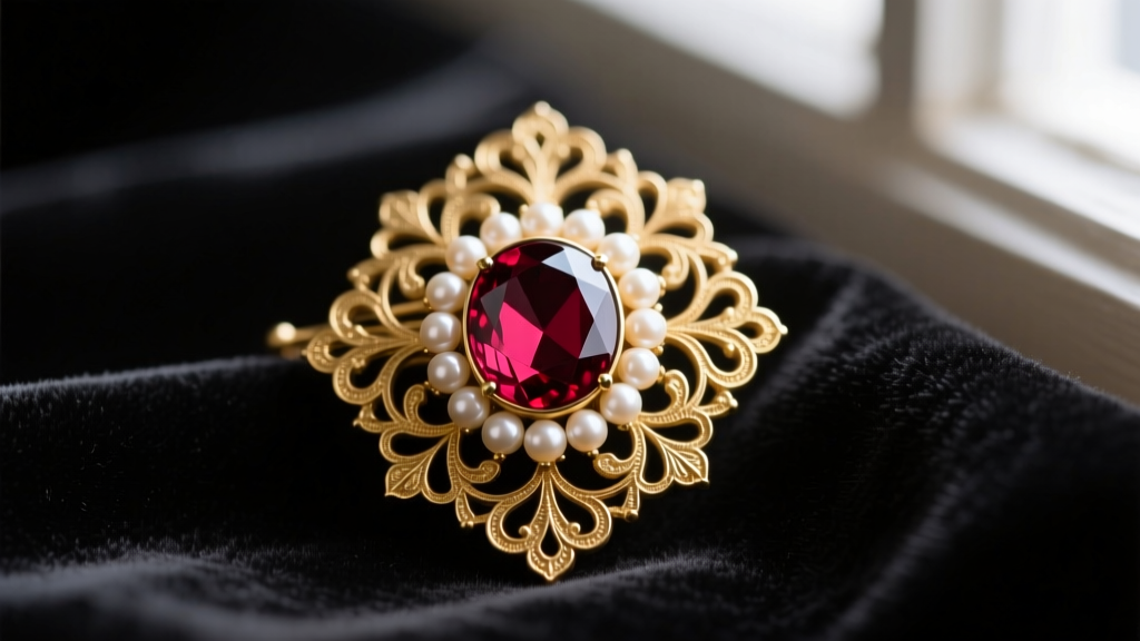 Close-up of a Victorian antique gold brooch with a foil-backed garnet and delicate seed pearls, resting on dark velvet fabric