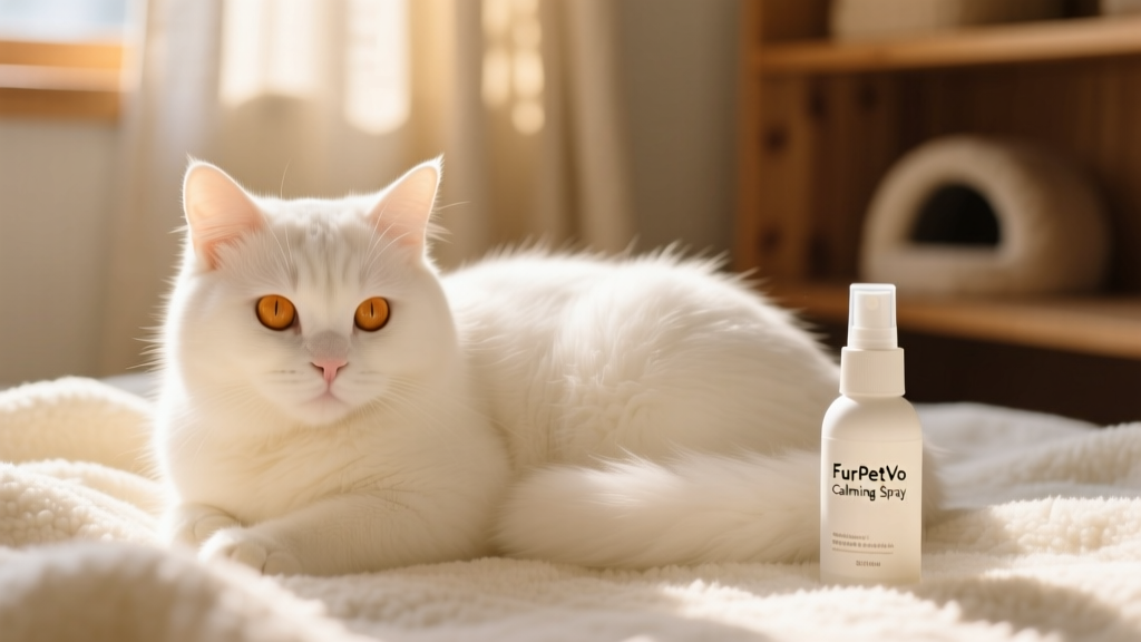 Close-up of a calm cat resting peacefully on a soft blanket beside a small spray bottle labeled FurPetVo Calming Spray