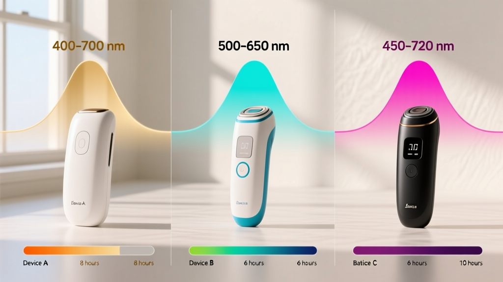 Side-by-side comparison chart graphic showing the wavelength spectrums and battery life metrics of three popular at-home skincare technology devices.