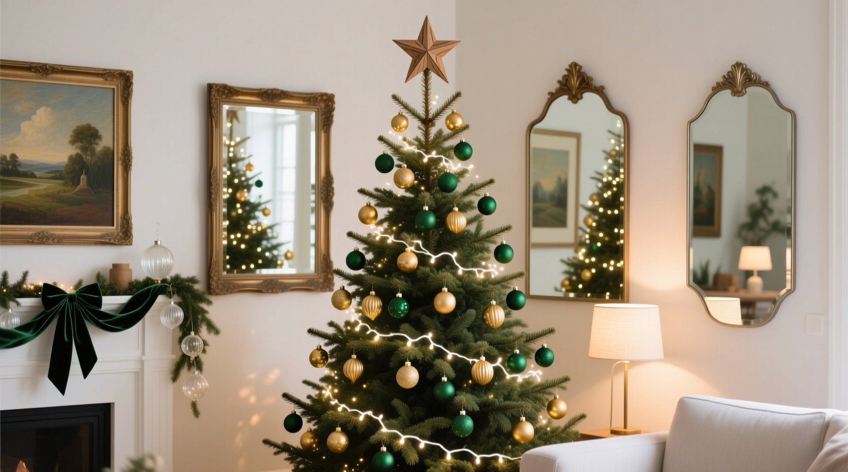 how to style a christmas tree around existing wall art and mirrors