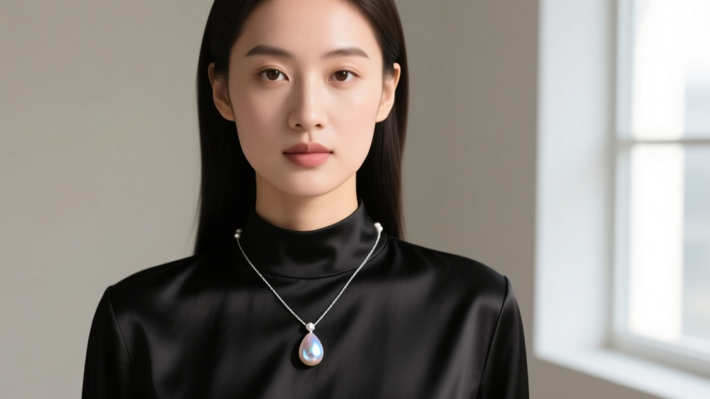 A young woman wearing a silver-overtone CD pearl necklace over a black silk blouse, highlighting the teardrop cultured drop pearls