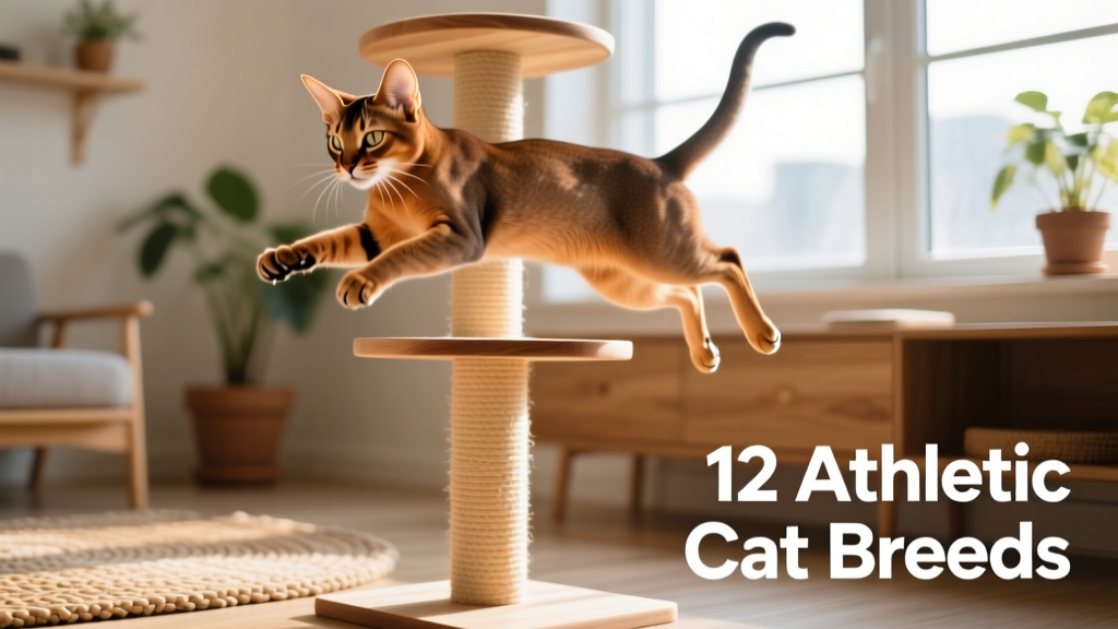 A playful Abyssinian cat mid-leap onto a cat tree