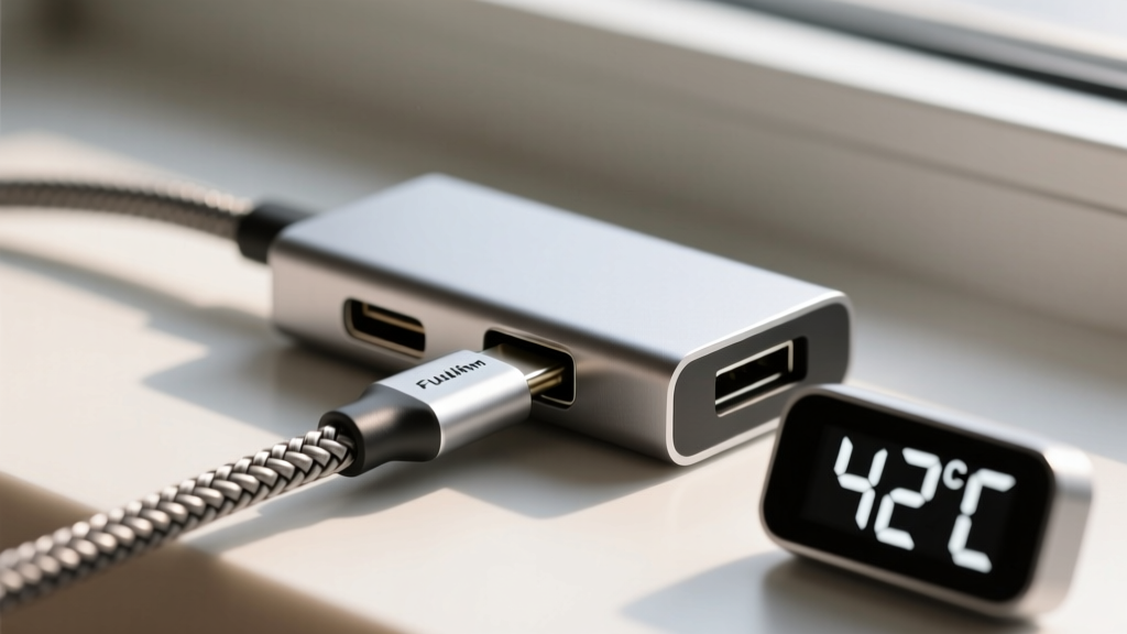 Close-up macro shot of a braided Thunderbolt 4 active cable plugging into an aluminum USB-C hub with a digital thermometer reading 42C nearby.